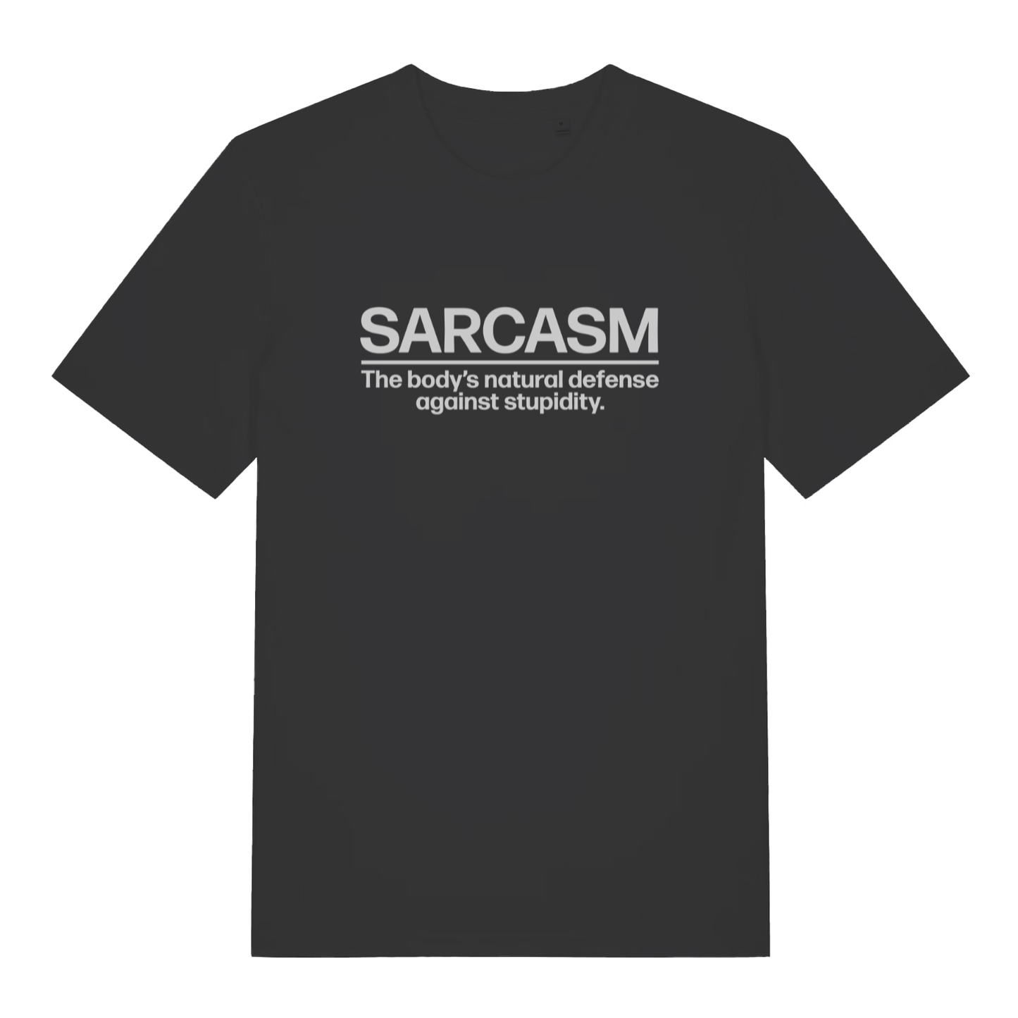 Black Sarcasm funny slogan t-shirt with natural defence against stupidity text  