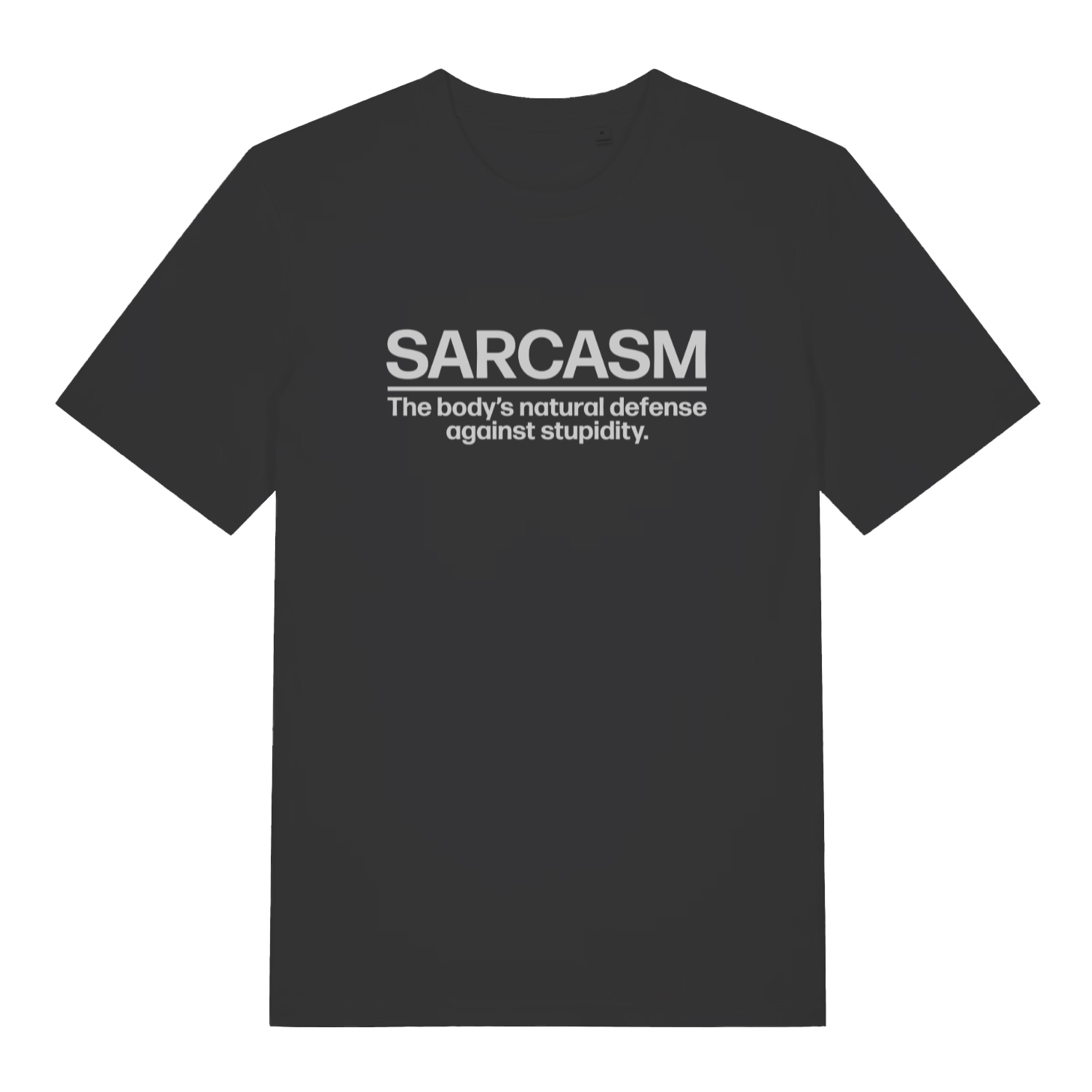 Black Sarcasm funny slogan t-shirt with natural defence against stupidity text  