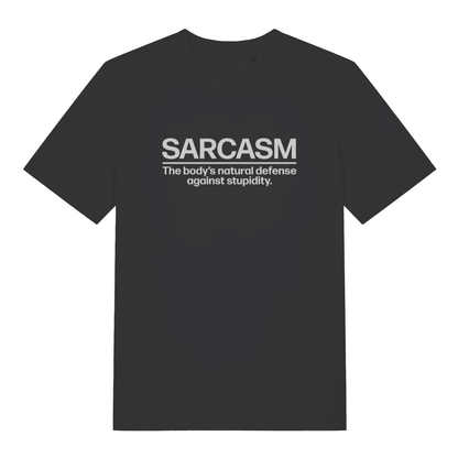 Black Sarcasm funny slogan t-shirt with natural defence against stupidity text  