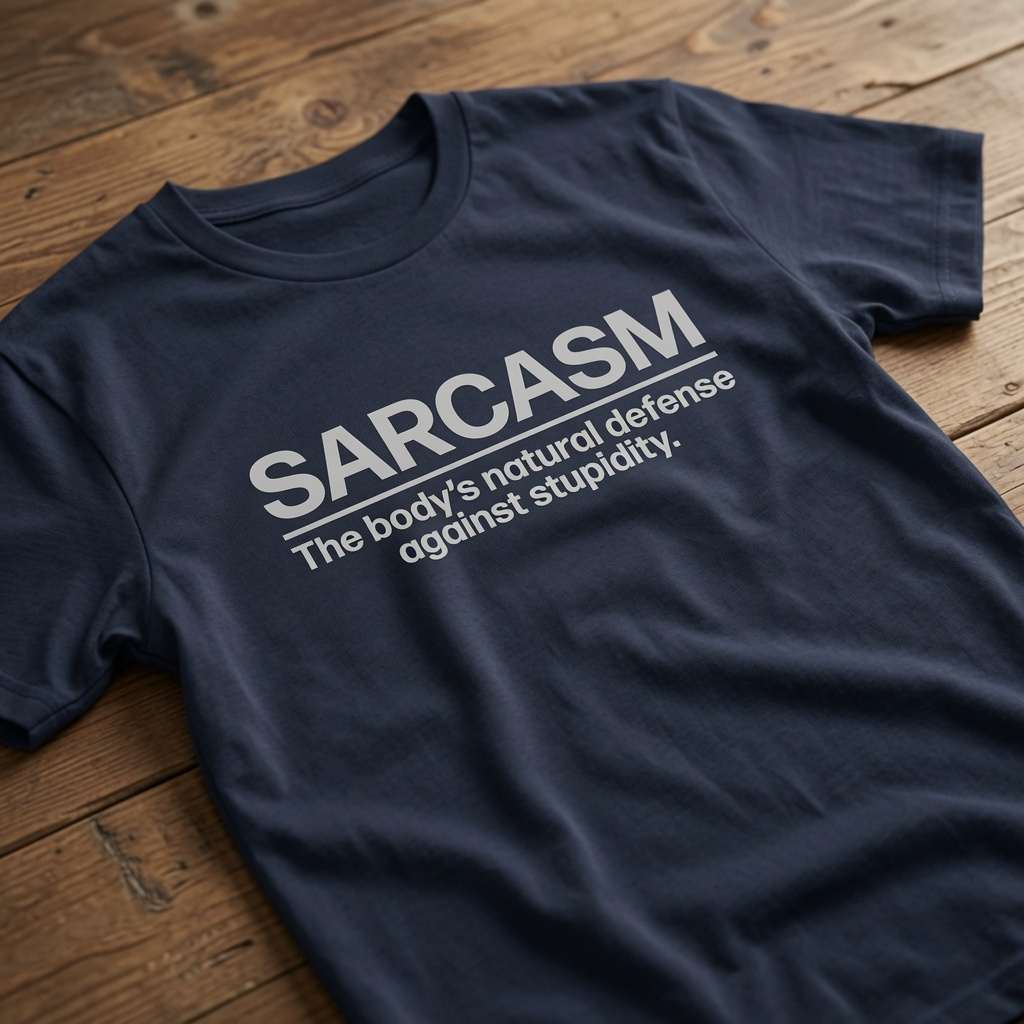 Navy Sarcasm t-shirt laid flat on a wooden surface showing the full slogan, funny ladies relatable witty slogan design full of pure attitude