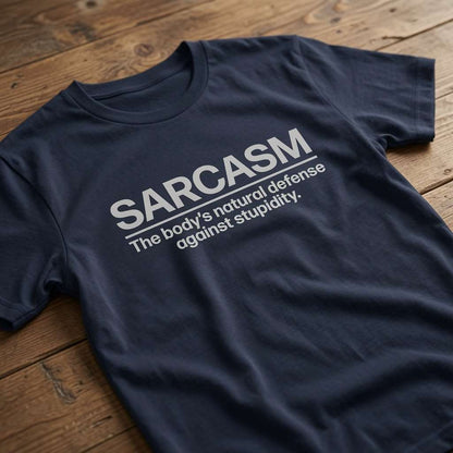 Navy Sarcasm t-shirt laid flat on a wooden surface showing the full slogan, funny ladies relatable witty slogan design full of pure attitude