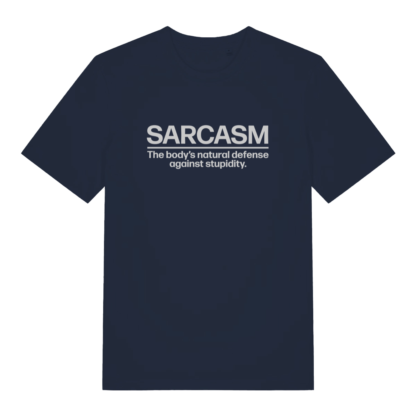 Navy Sarcasm funny slogan t-shirt with bold deadpan lettering  