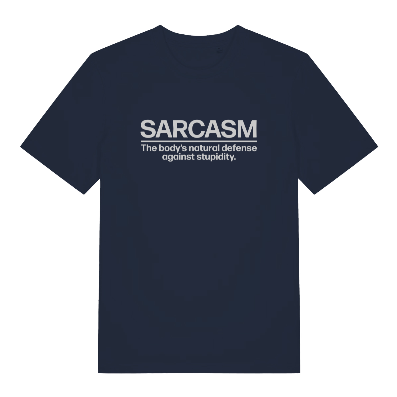 Navy Sarcasm funny slogan t-shirt with bold deadpan lettering  