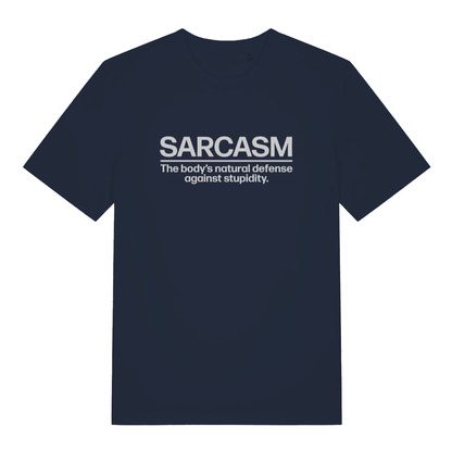 Navy Sarcasm funny slogan t-shirt with bold deadpan lettering  