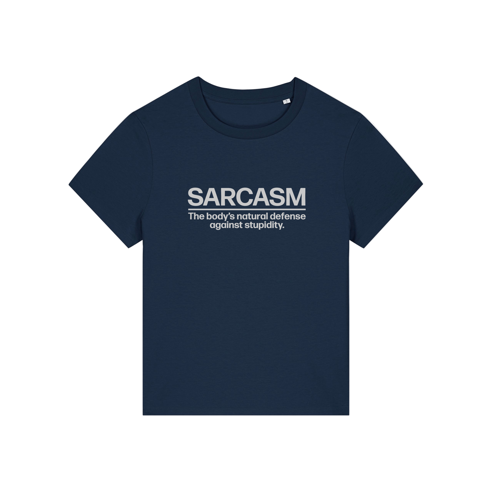navy sarcastic t-shirt with the slogan 'sarcasm the body's defence against stupidity'