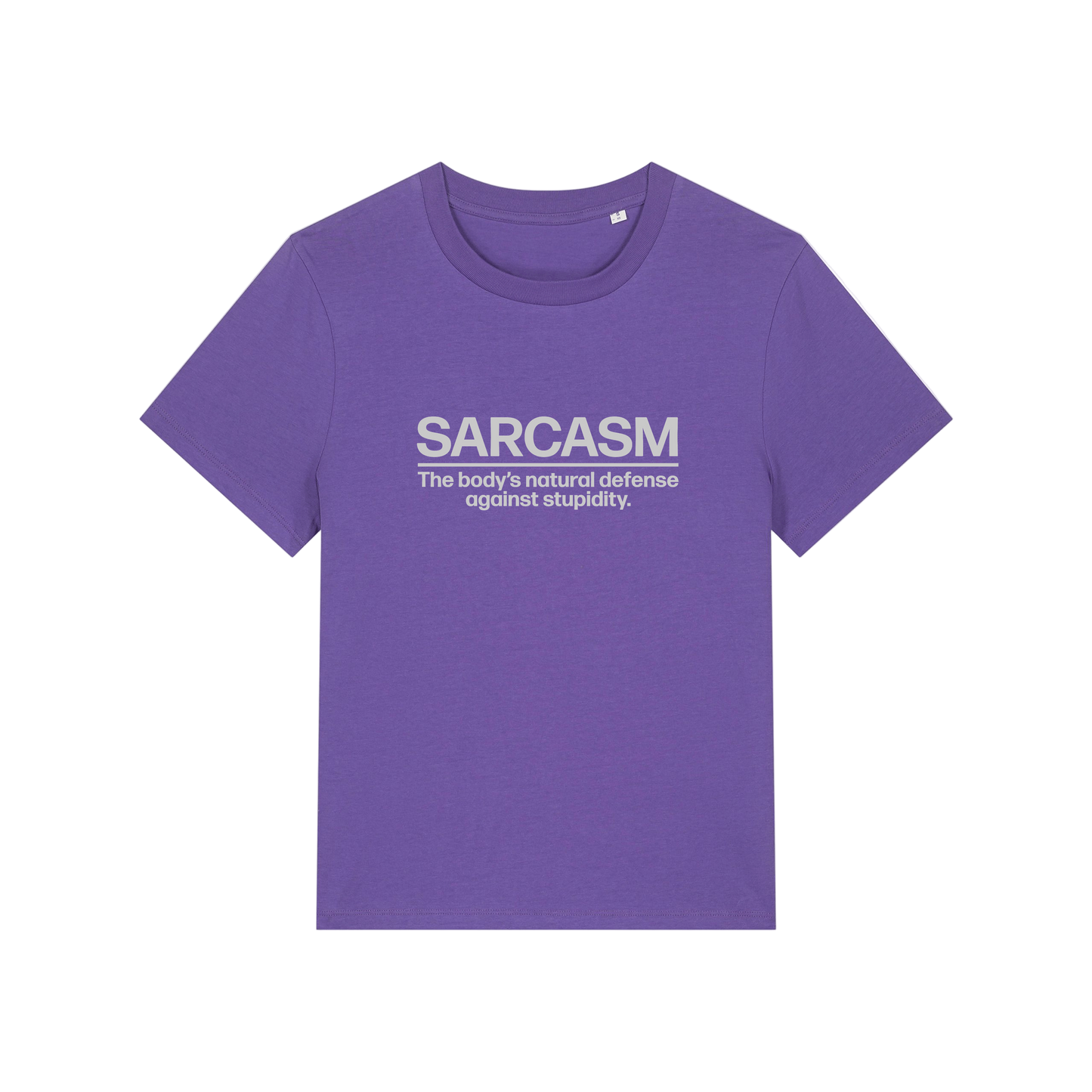 purple sarcastic t-shirt with the slogan 'sarcasm the body's defence against stupidity'