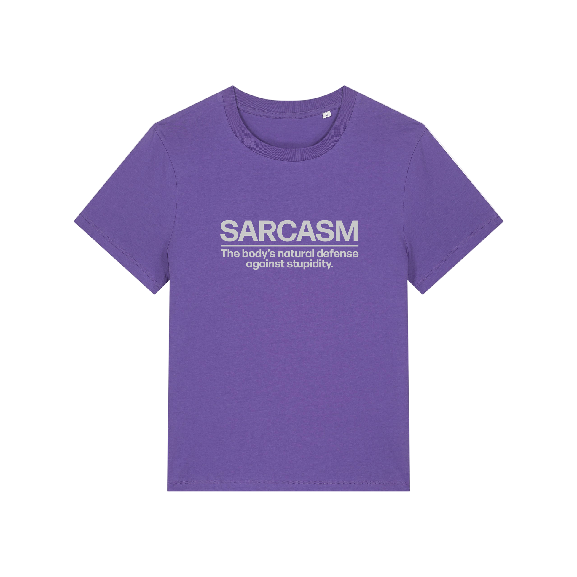 purple sarcastic t-shirt with the slogan 'sarcasm the body's defence against stupidity'