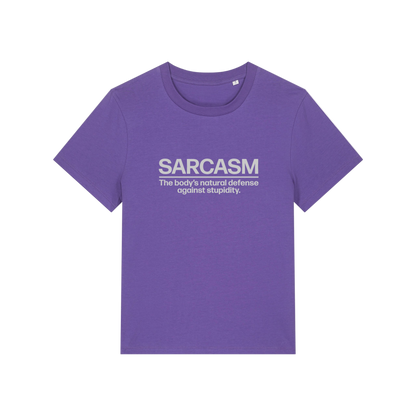 purple sarcastic t-shirt with the slogan 'sarcasm the body's defence against stupidity'