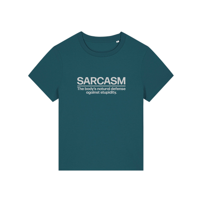teal sarcastic t-shirt with the slogan 'sarcasm the body's defence against stupidity'
