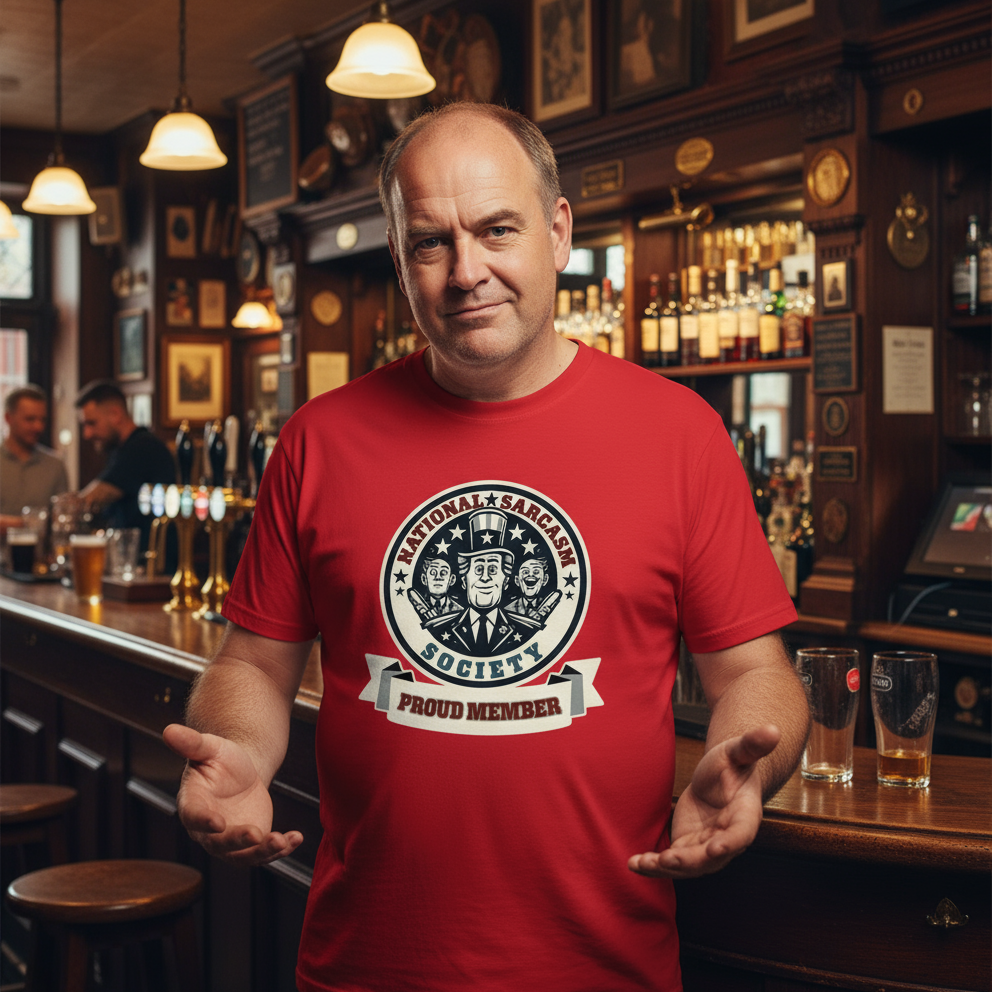 Man wearing a red t-shirt with a logo in a bar setting