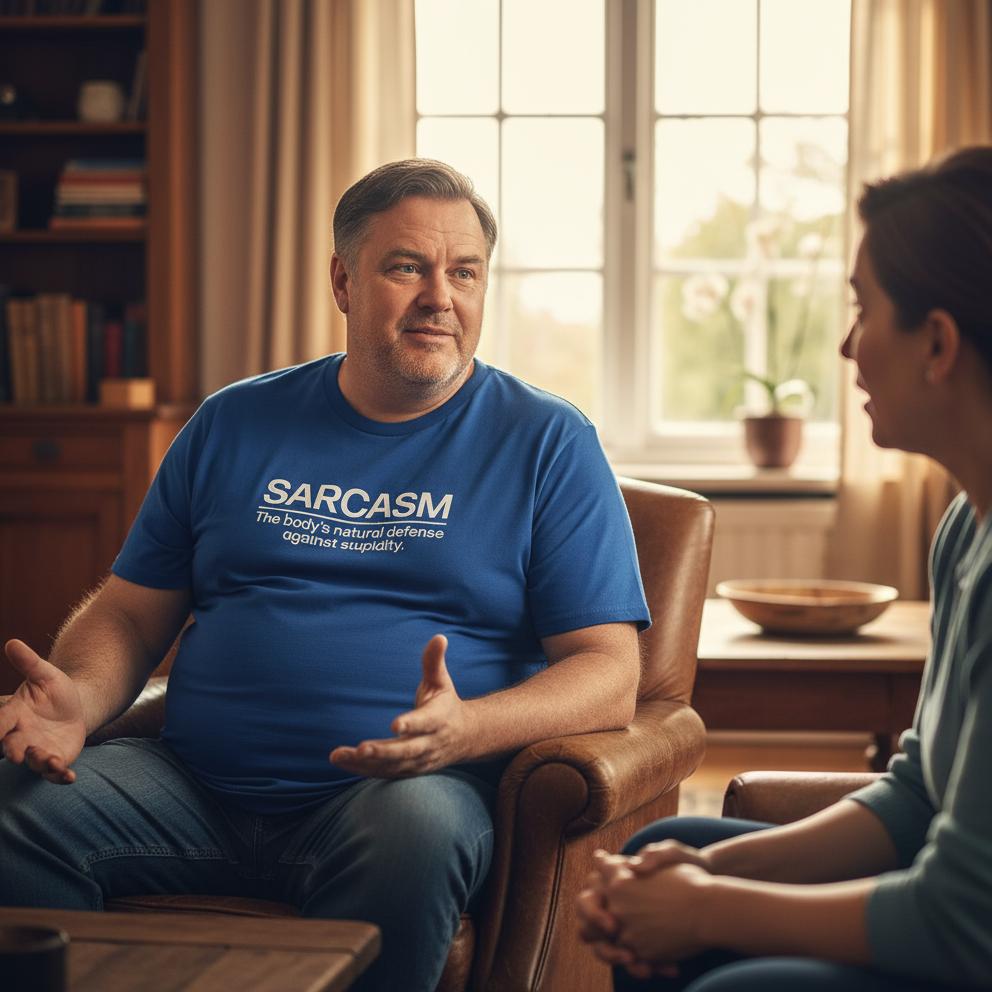 Man wearing a blue t-shirt with 'SARCASM' text in a living room setting