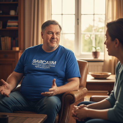 Man wearing a blue t-shirt with 'SARCASM' text in a living room setting