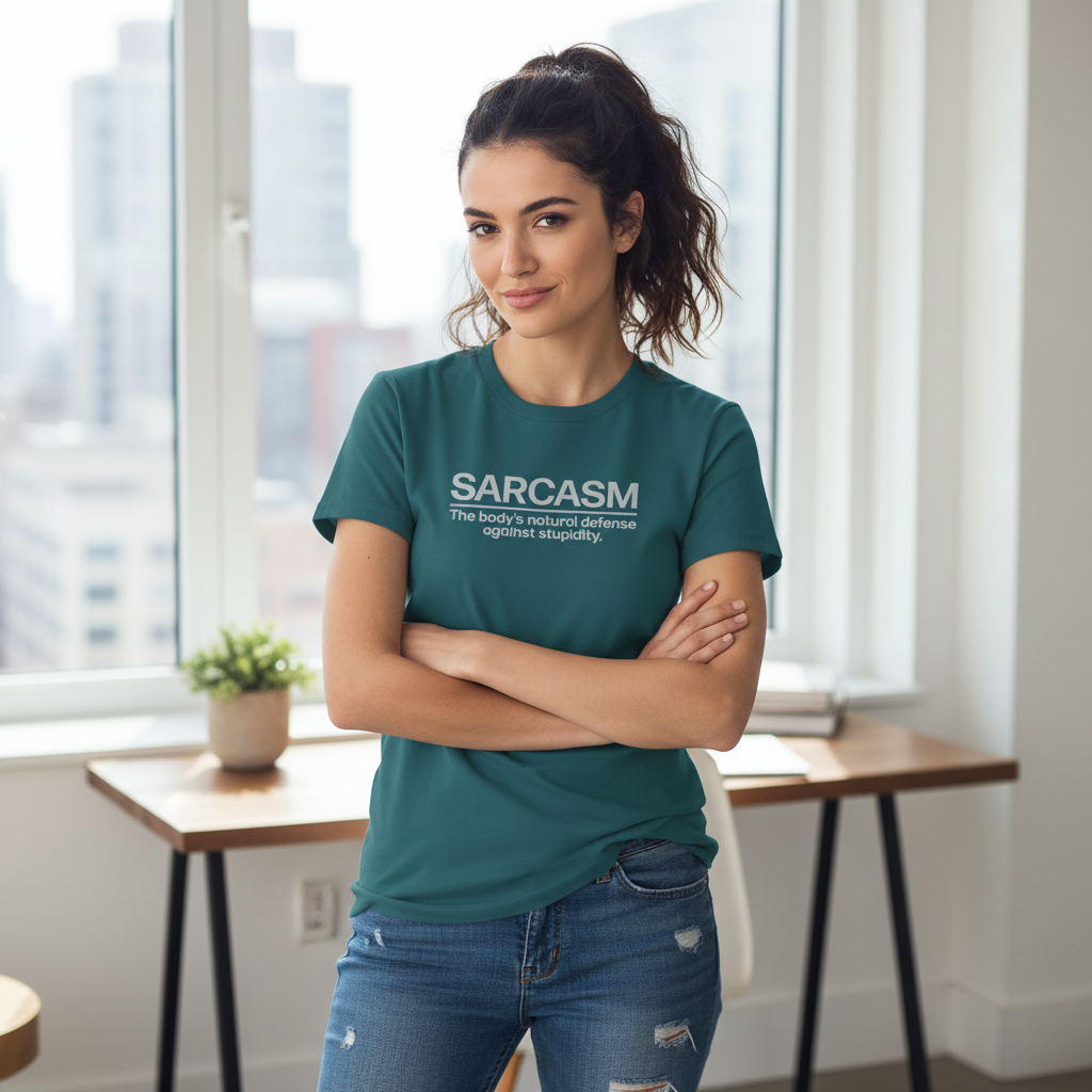 Woman wearing a teal t-shirt with 'SARCASM' text in a room with large windows.