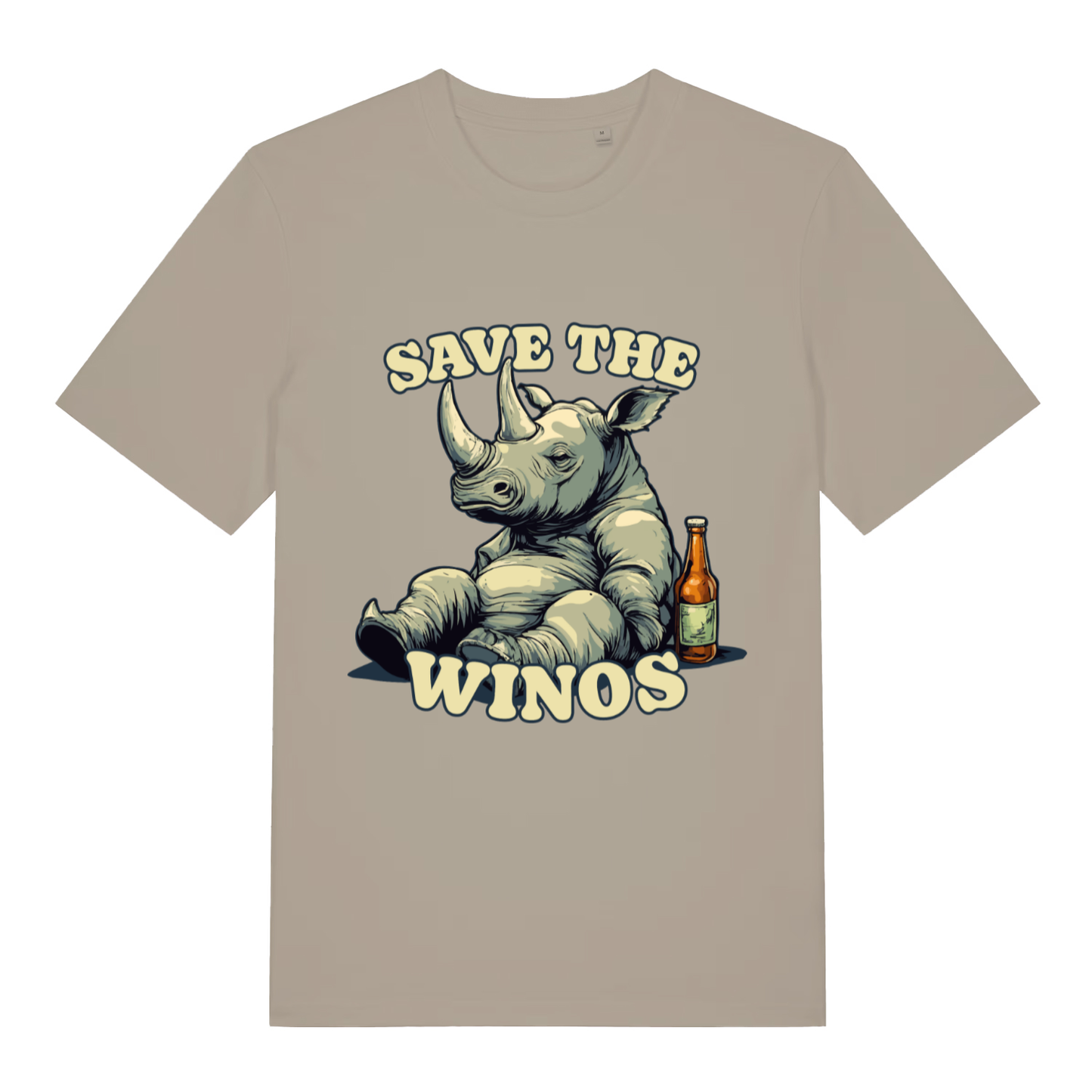 Beige Save The Winos funny graphic t-shirt with chilled rhino and beer bottle  