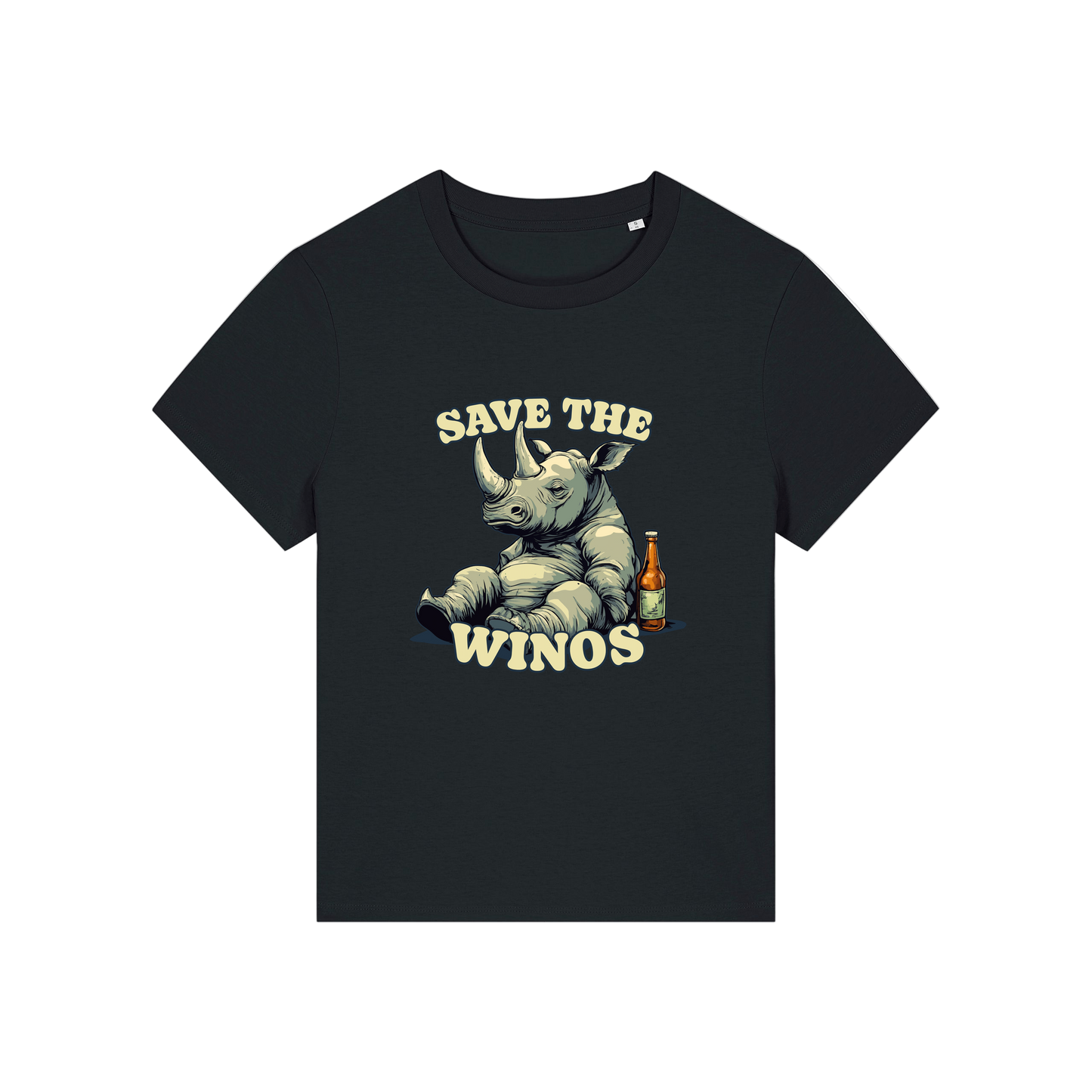 black funny animal t-shirt with the graphic of a rhino sat next to a beer and the slogan 'save the winos'