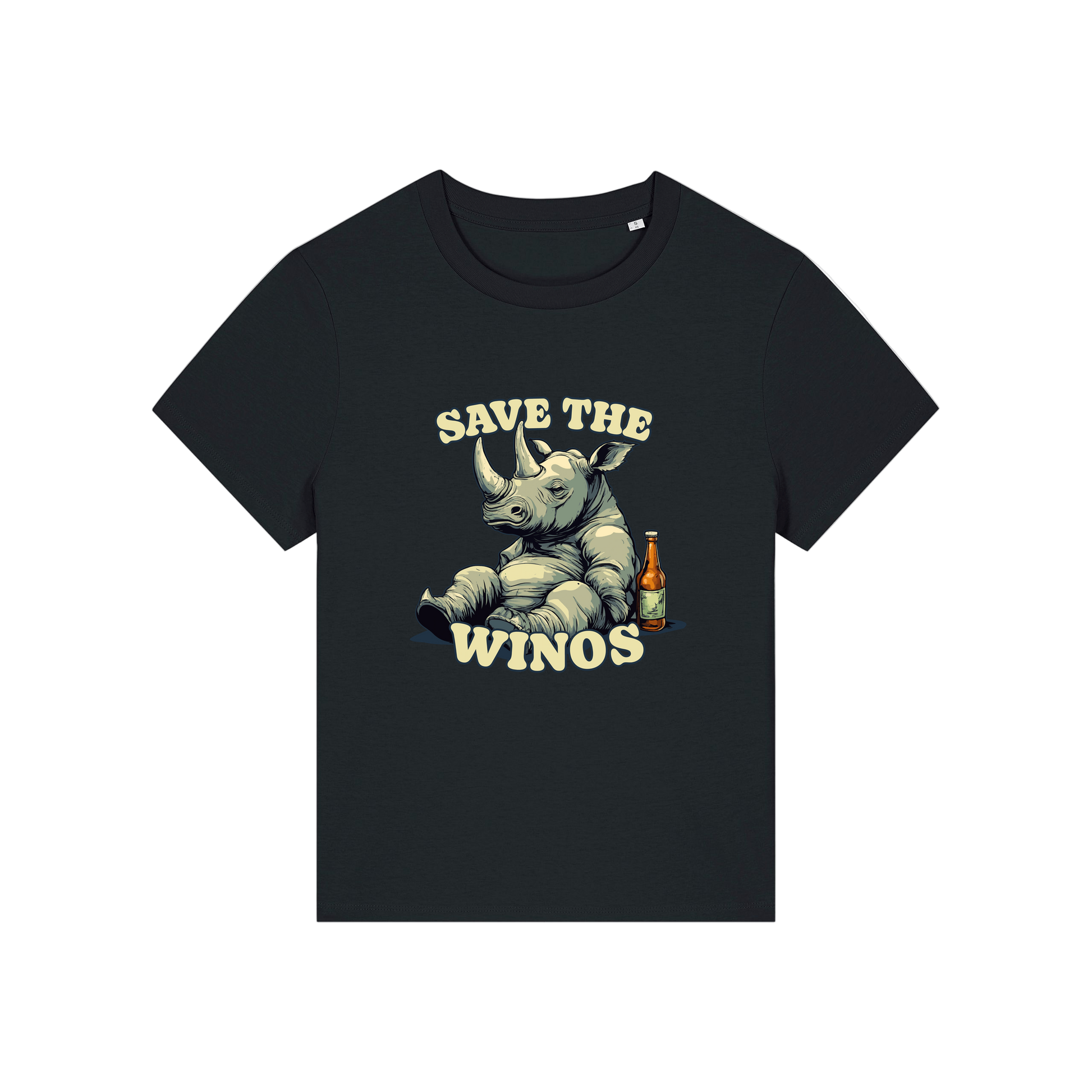 black funny animal t-shirt with the graphic of a rhino sat next to a beer and the slogan 'save the winos'