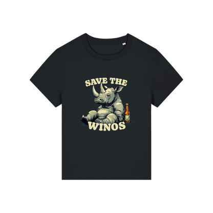 black funny animal t-shirt with the graphic of a rhino sat next to a beer and the slogan 'save the winos'
