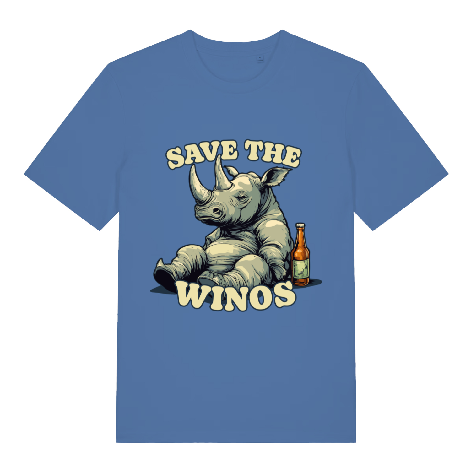 Blue Save The Winos funny graphic t-shirt with bold rhino and winos lettering  