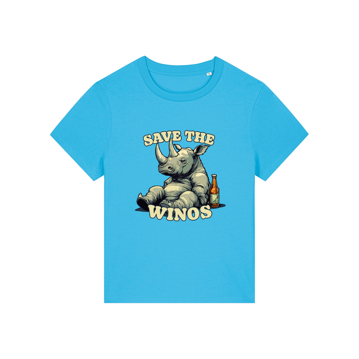 blue funny animal t-shirt with the graphic of a rhino sat next to a beer and the slogan 'save the winos'