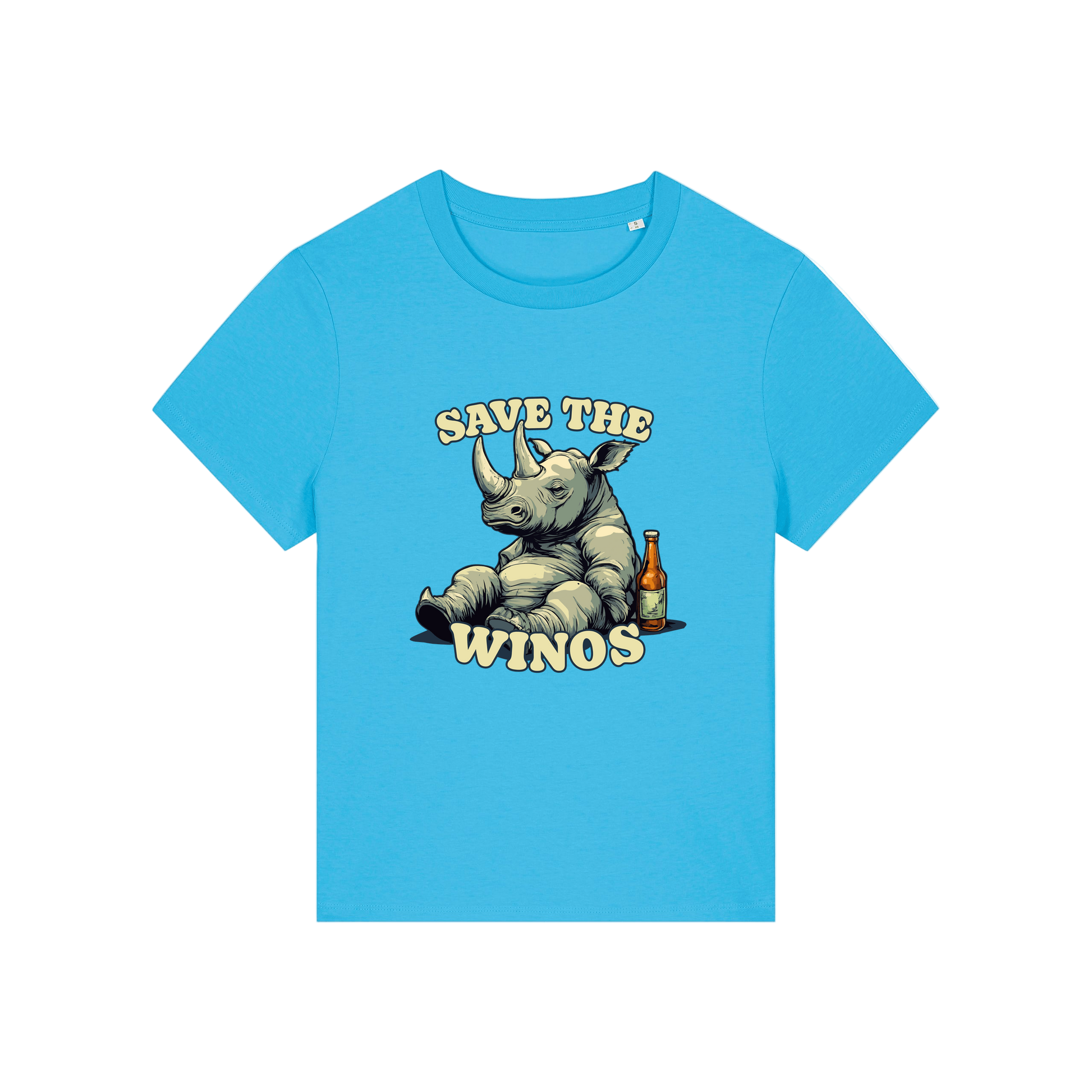 blue funny animal t-shirt with the graphic of a rhino sat next to a beer and the slogan 'save the winos'