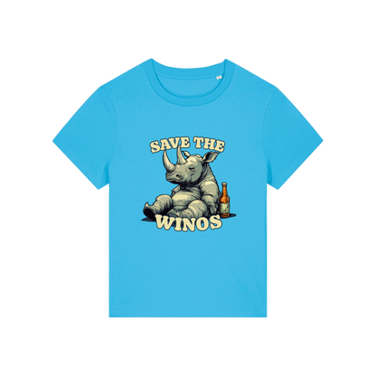 blue funny animal t-shirt with the graphic of a rhino sat next to a beer and the slogan 'save the winos'