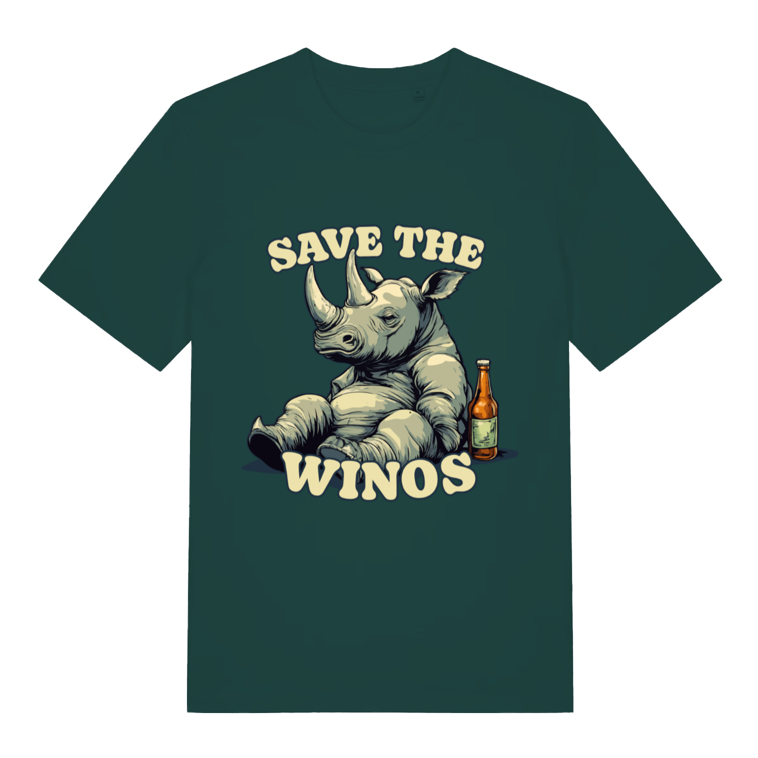 Green Save The Winos funny graphic t-shirt showing classic hungover rhino artwork  