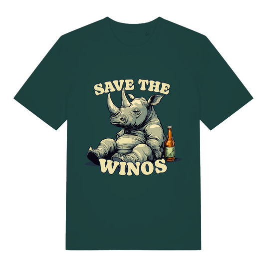 Green Save The Winos funny graphic t-shirt showing classic hungover rhino artwork  