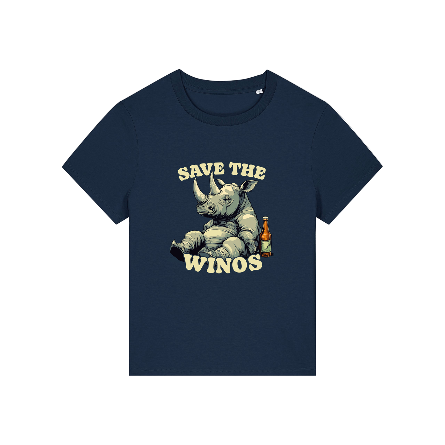navy funny animal t-shirt with the graphic of a rhino sat next to a beer and the slogan 'save the winos'