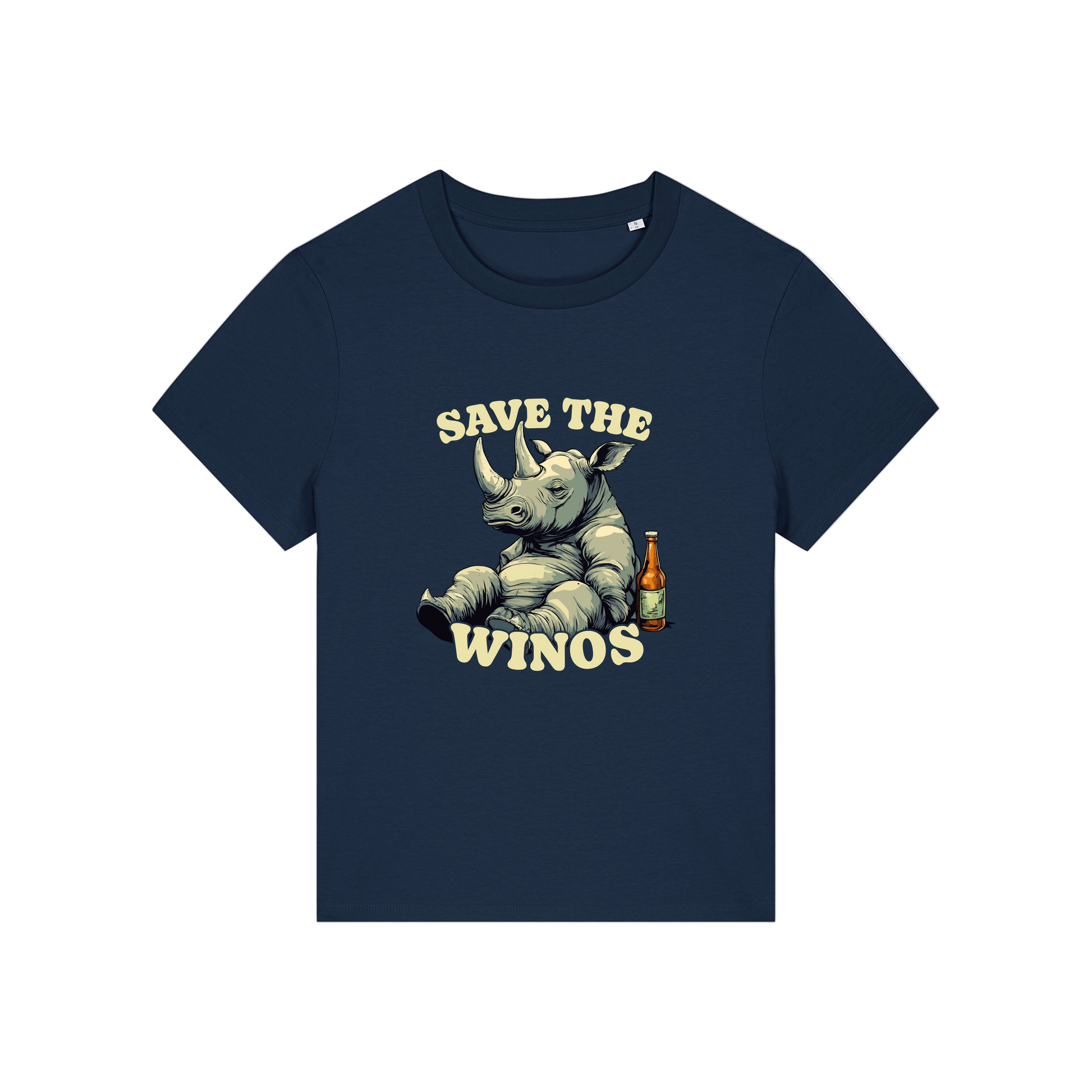 navy funny animal t-shirt with the graphic of a rhino sat next to a beer and the slogan 'save the winos'