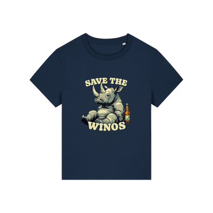 navy funny animal t-shirt with the graphic of a rhino sat next to a beer and the slogan 'save the winos'