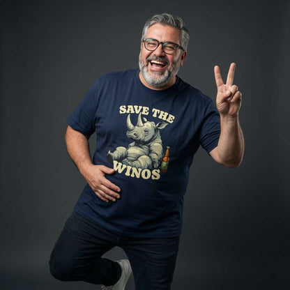 Bearded man with glasses laughing and throwing a peace sign in a navy Save the Winos t-shirt, funny mens rhino graphic pun that every wine-loving lad will claim