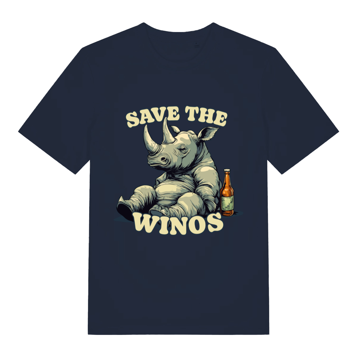 Navy Save The Winos funny graphic t-shirt featuring ultimate pub rhino design  