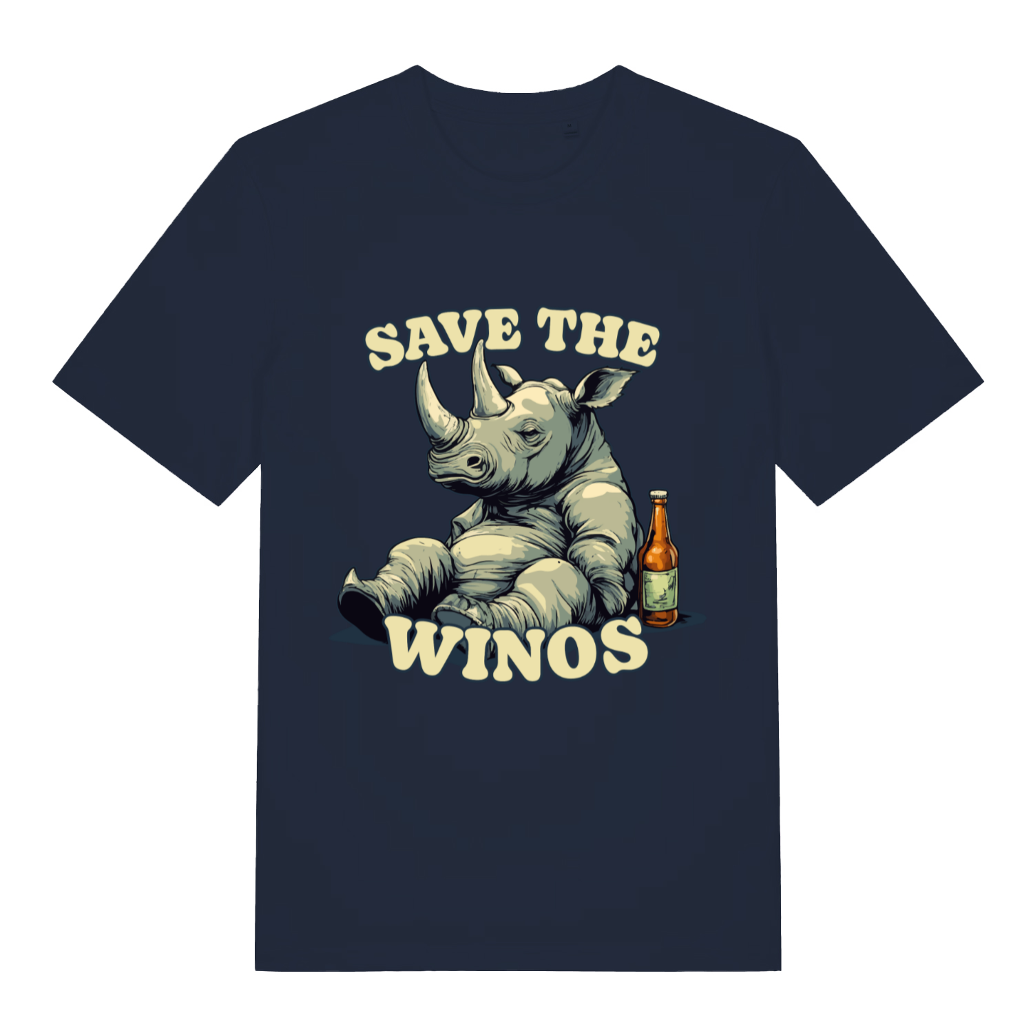 Navy Save The Winos funny graphic t-shirt featuring ultimate pub rhino design  