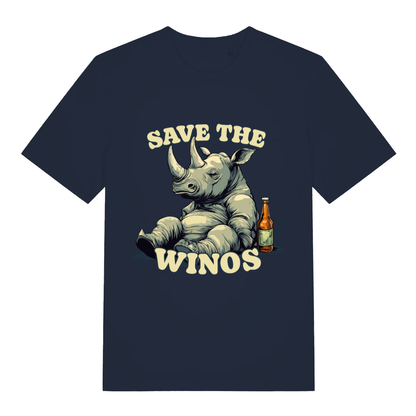 Navy Save The Winos funny graphic t-shirt featuring ultimate pub rhino design  