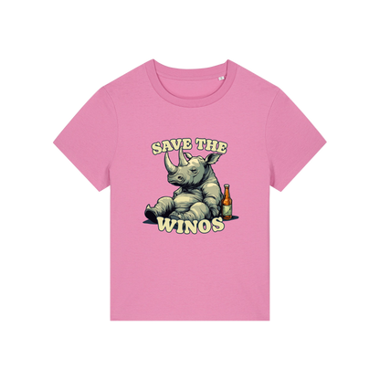 pink funny animal t-shirt with the graphic of a rhino sat next to a beer and the slogan 'save the winos'