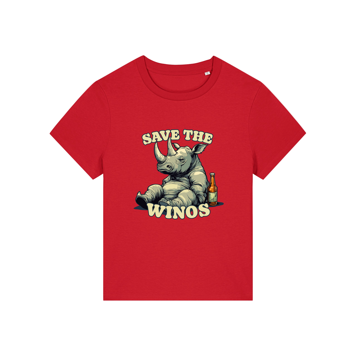 red funny animal t-shirt with the graphic of a rhino sat next to a beer and the slogan 'save the winos'
