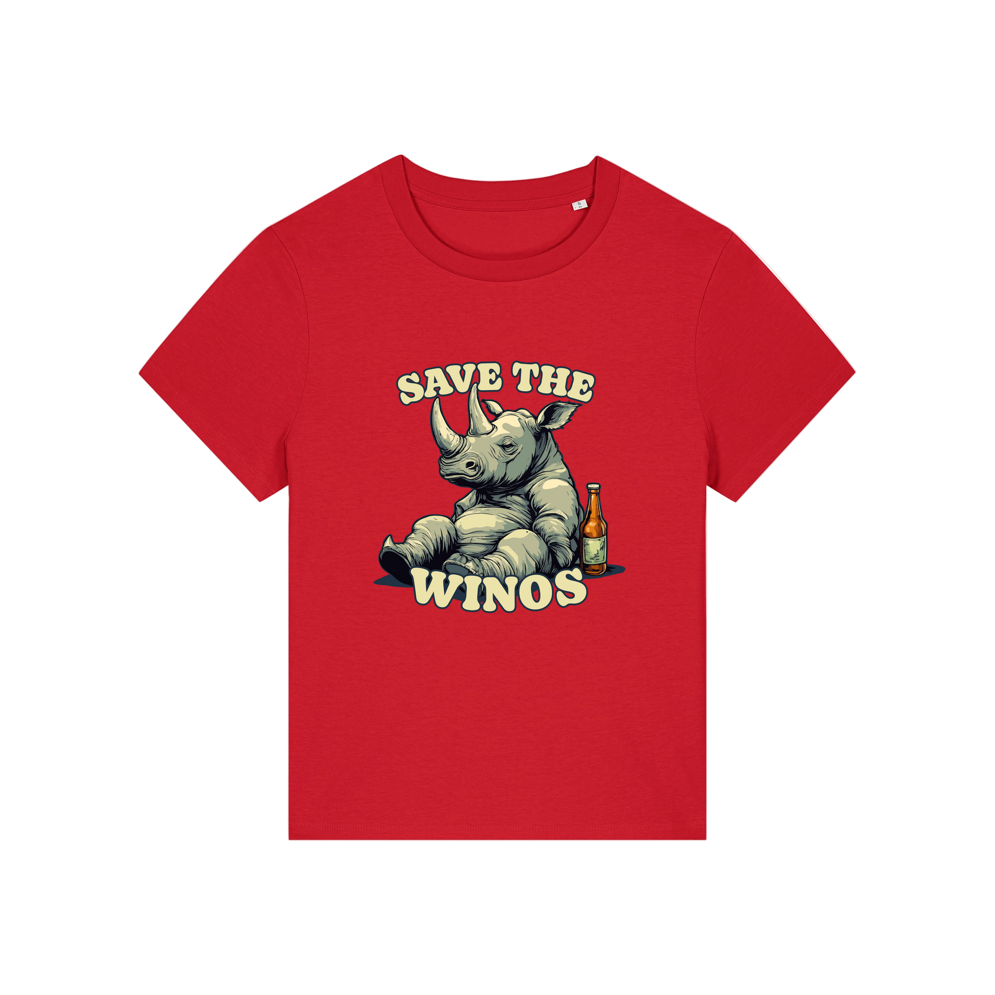 red funny animal t-shirt with the graphic of a rhino sat next to a beer and the slogan 'save the winos'