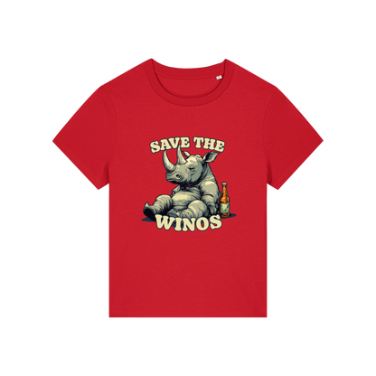 red funny animal t-shirt with the graphic of a rhino sat next to a beer and the slogan 'save the winos'