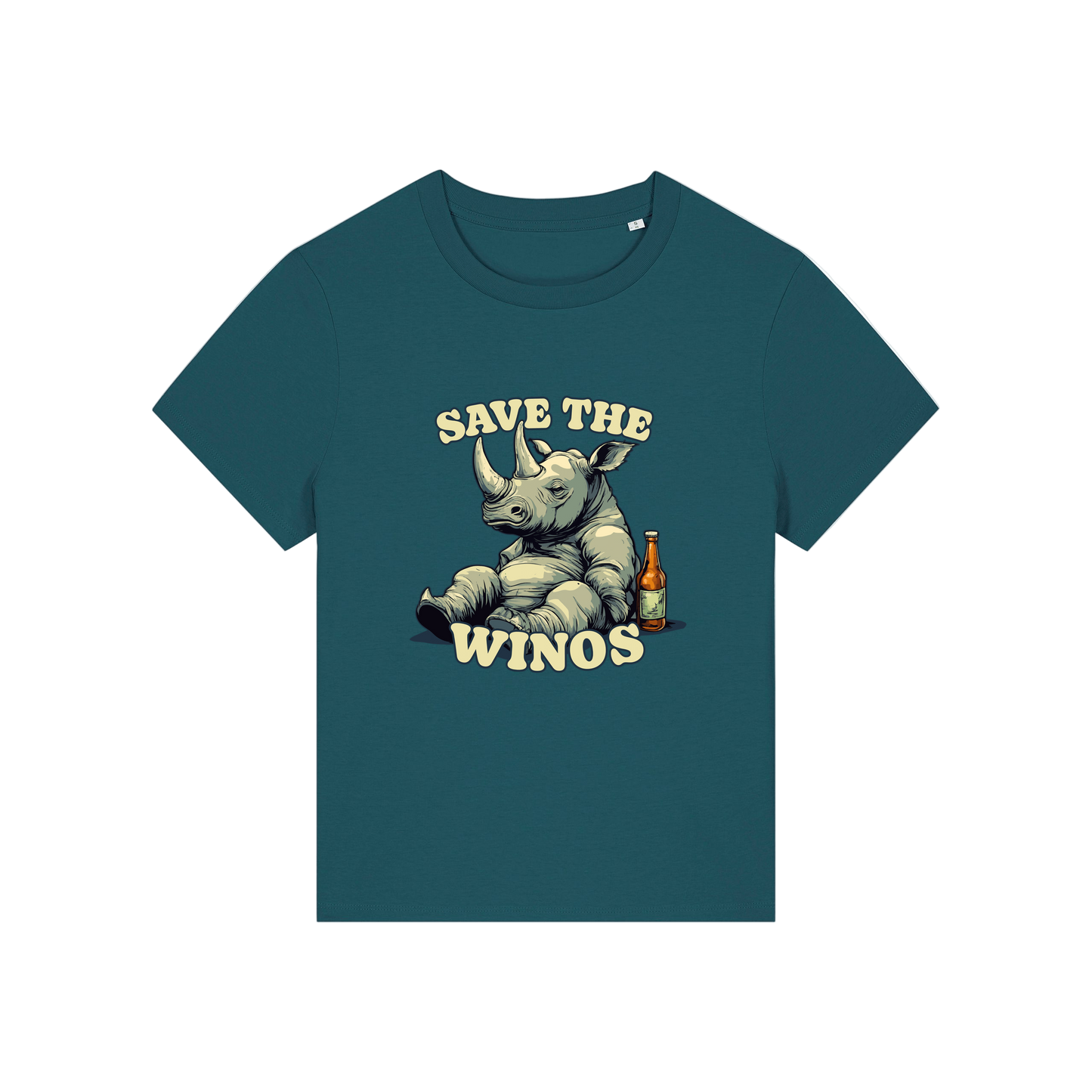 teal funny animal t-shirt with the graphic of a rhino sat next to a beer and the slogan 'save the winos'