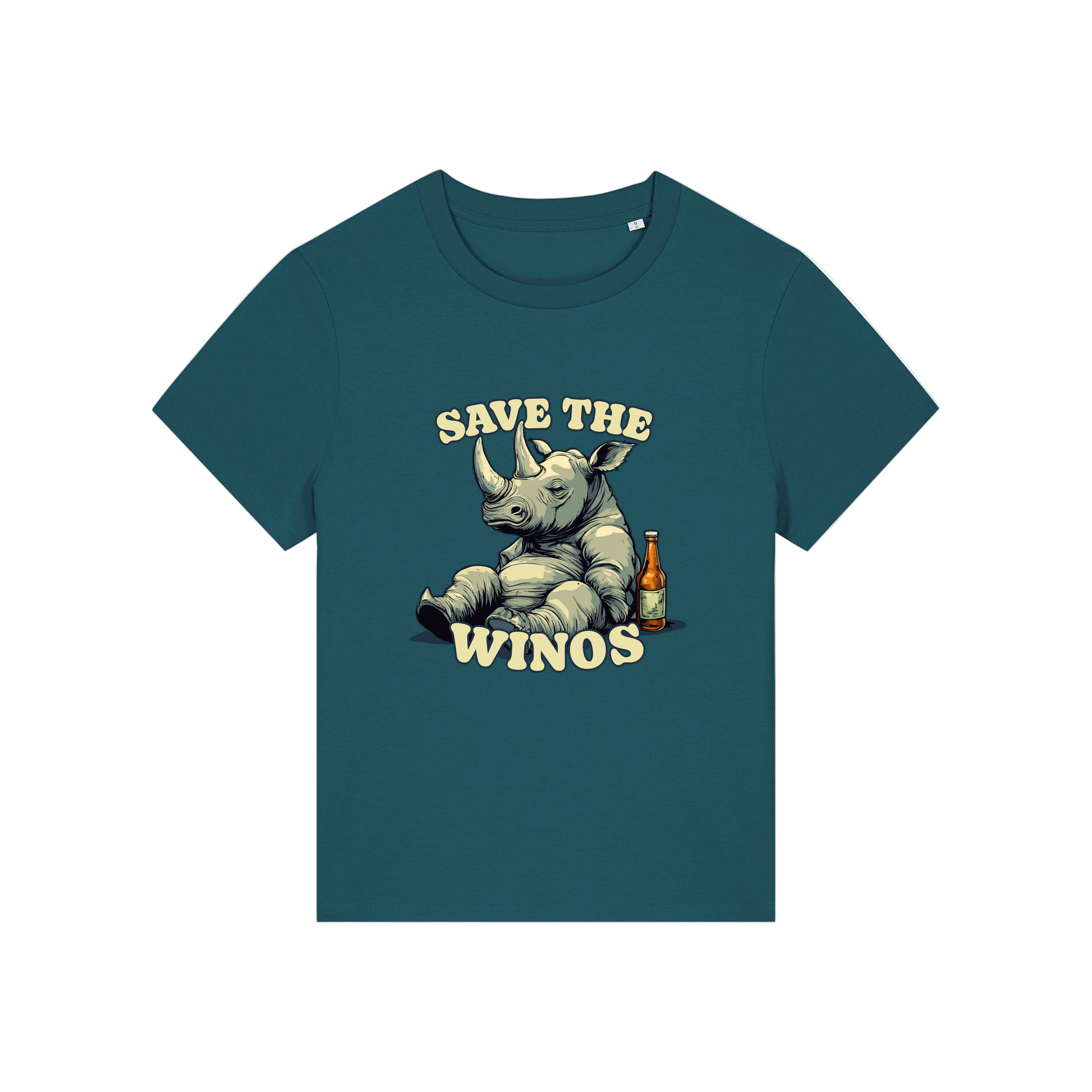 teal funny animal t-shirt with the graphic of a rhino sat next to a beer and the slogan 'save the winos'
