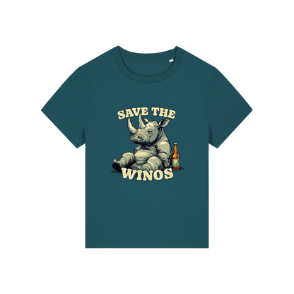 teal funny animal t-shirt with the graphic of a rhino sat next to a beer and the slogan 'save the winos'