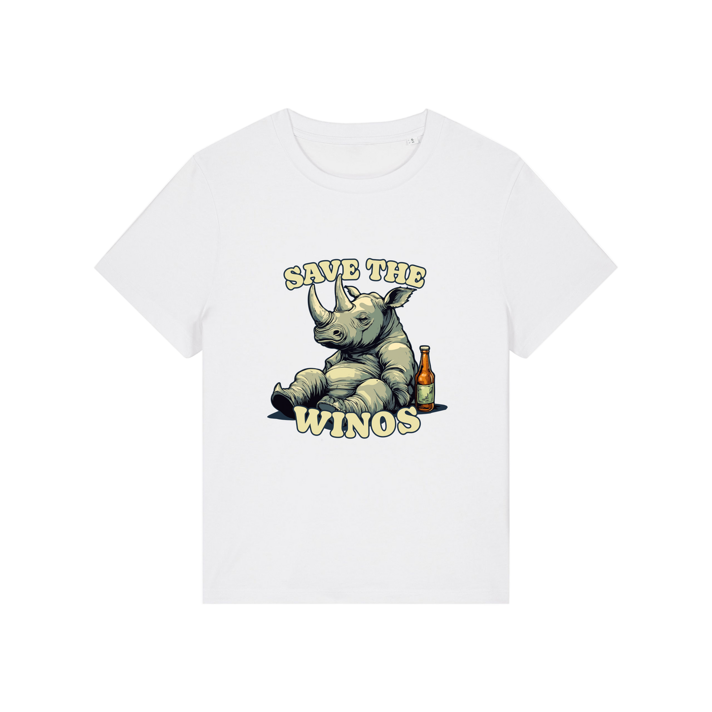 white funny animal t-shirt with the graphic of a rhino sat next to a beer and the slogan 'save the winos'