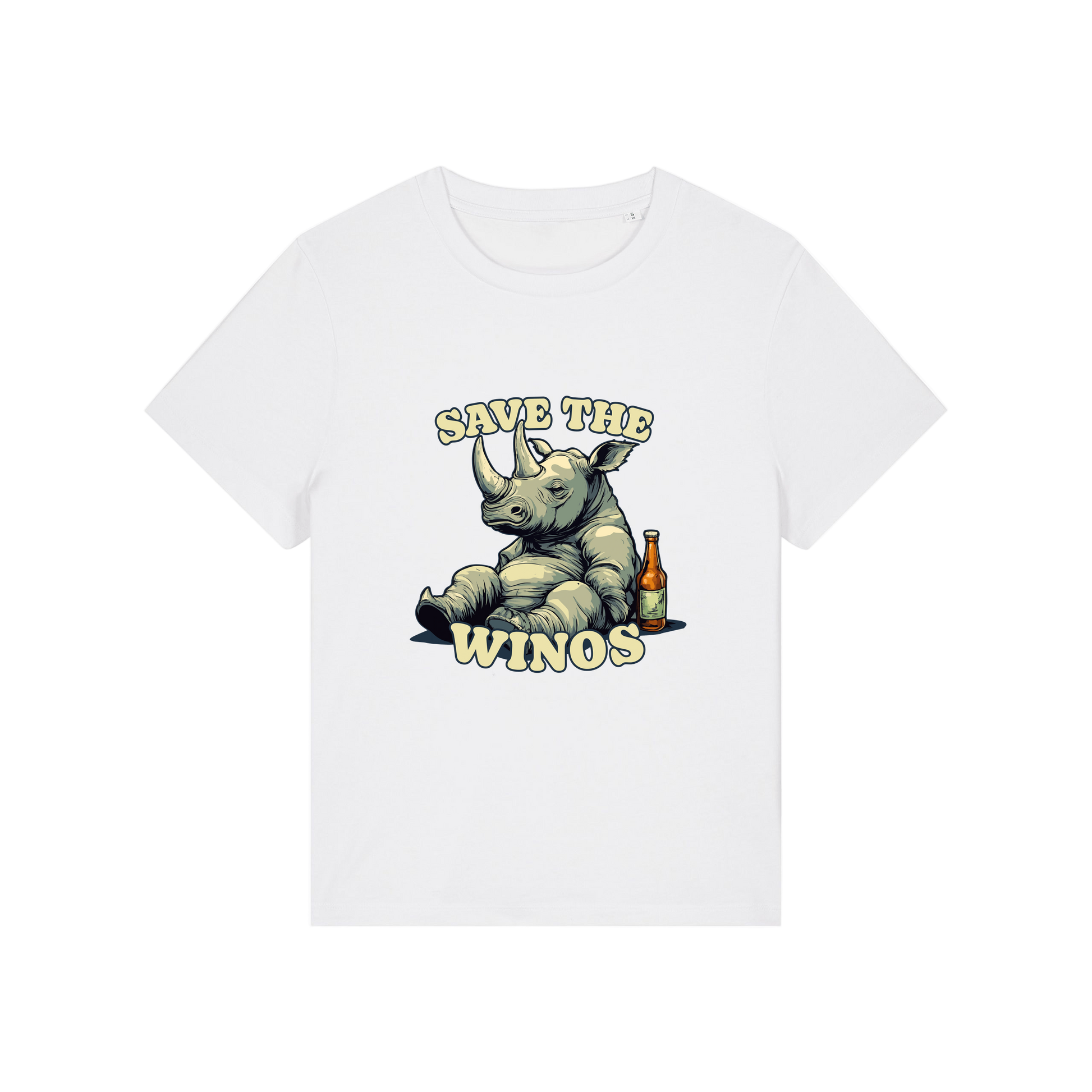 white funny animal t-shirt with the graphic of a rhino sat next to a beer and the slogan 'save the winos'