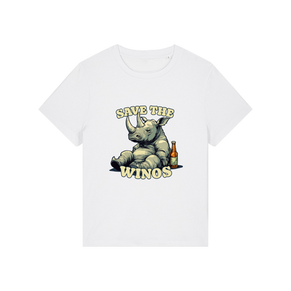 white funny animal t-shirt with the graphic of a rhino sat next to a beer and the slogan 'save the winos'