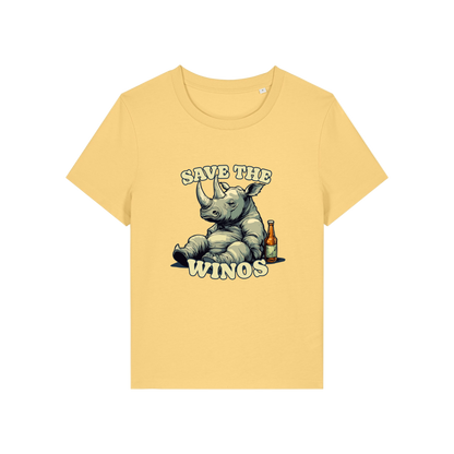 yellow funny animal t-shirt with the graphic of a rhino sat next to a beer and the slogan 'save the winos'