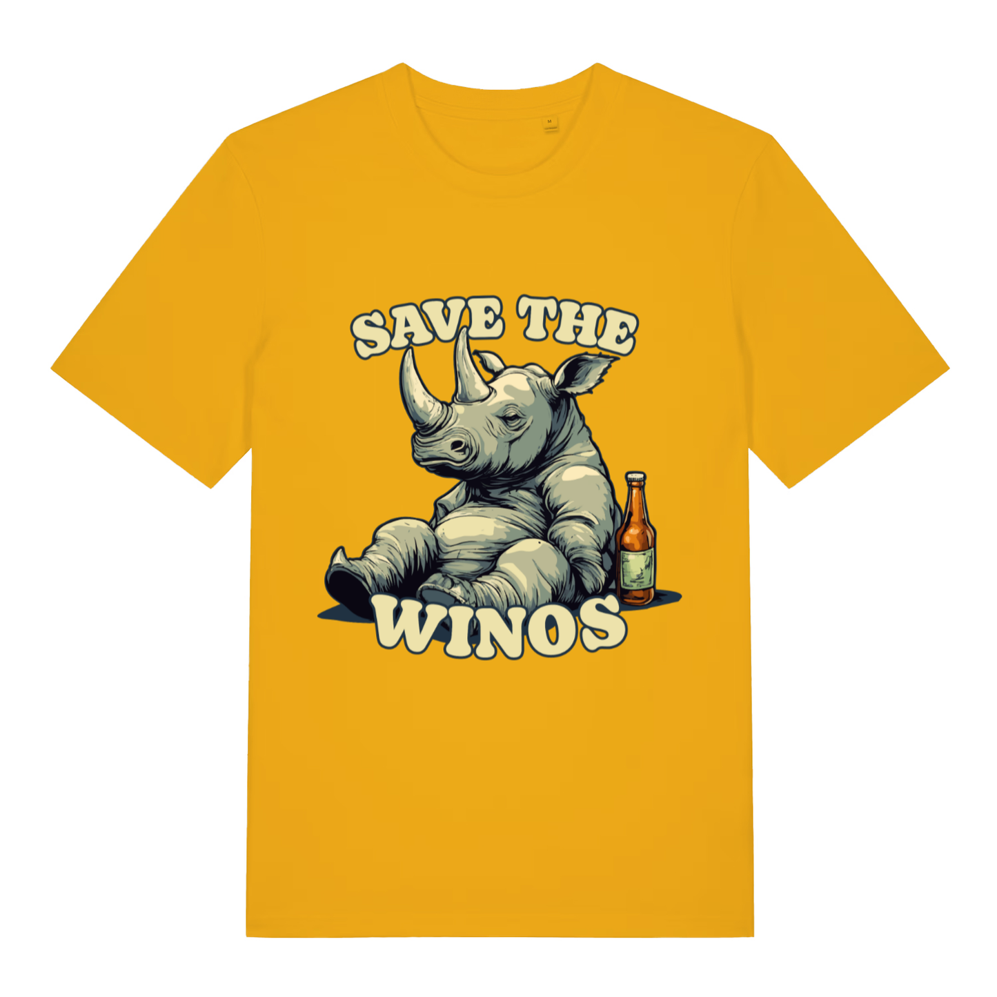 Yellow Save The Winos funny graphic t-shirt with bold save the winos lettering  