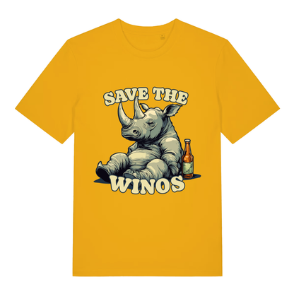 Yellow Save The Winos funny graphic t-shirt with bold save the winos lettering  