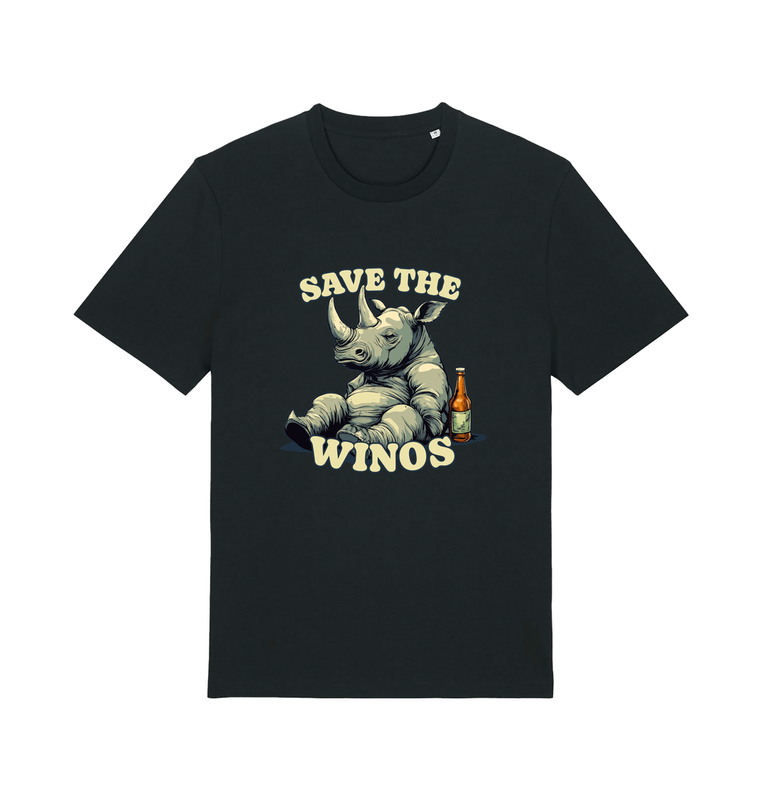 black funny animal t-shirt with the graphic of a rhino sat next to a bottle of beer and the slogan 'save the winos'