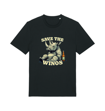 black funny animal t-shirt with the graphic of a rhino sat next to a bottle of beer and the slogan 'save the winos'