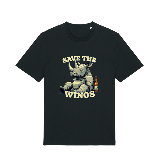 black funny animal t-shirt with the graphic of a rhino sat next to a bottle of beer and the slogan 'save the winos'